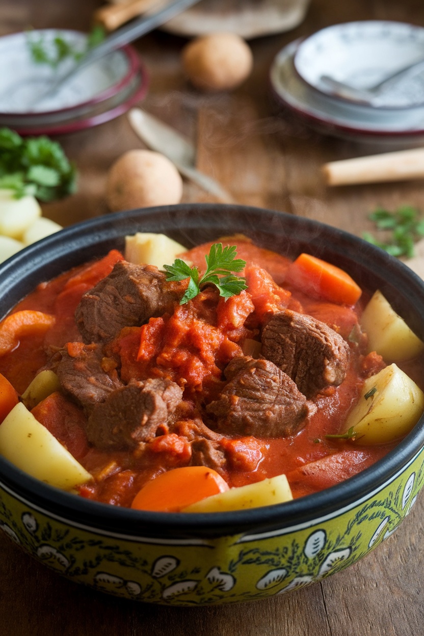 A hearty bowl of beef caldereta with beef, vegetables in rich tomato sauce, garnished with parsley.